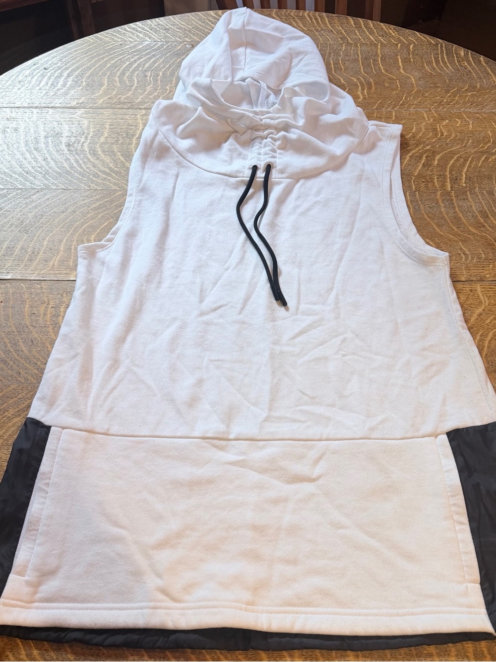 Fabletics White Sleeveless Hooded Top with Black Drawcords